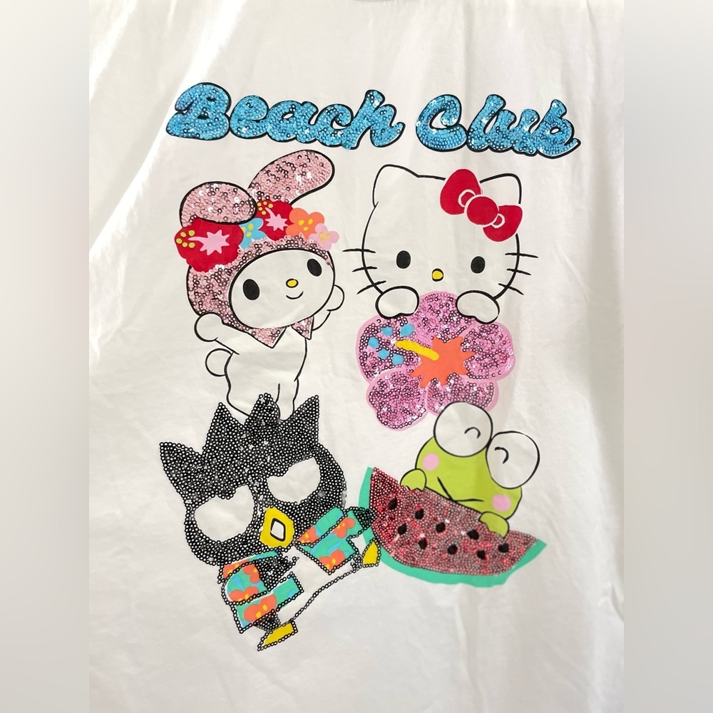Hello Kitty & Friends x Forever 21 White T Shirt Relaxed Sequin Beach Club - Picture 3 of 6